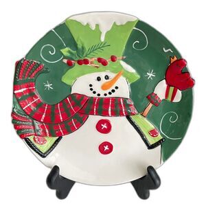 Fitz and Floyd Snowman Canape/Dessert Plate "Holly Hat Snowman" EUC 9" Wide